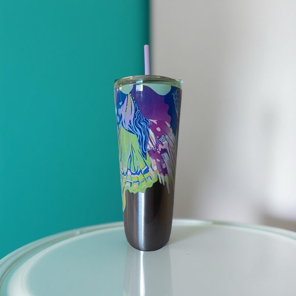 Starbucks Stainless Steal Canna Lily Butterfly Purple and Silver Tumbler - Picture 3 of 3